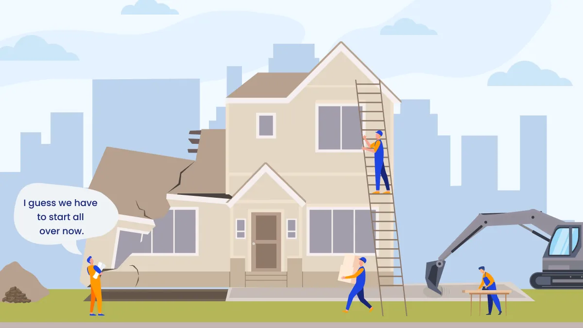 An image of a large group of workers building a house on top of a foundation that is being pulled out from under them.